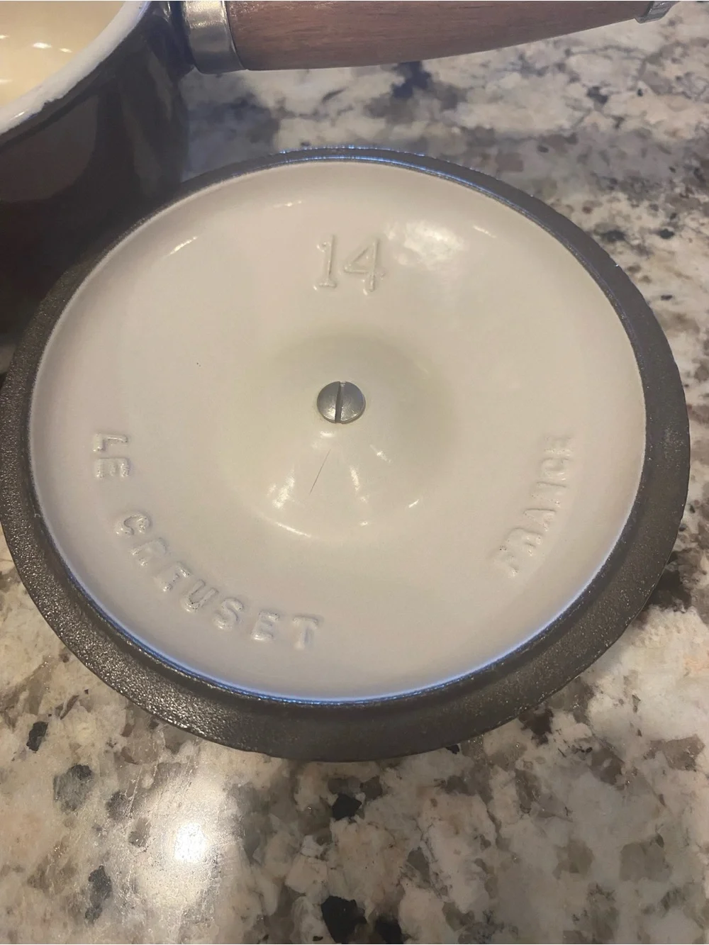 Le Creuset Brown Enamel Saucepan with Wood Handle and Lid